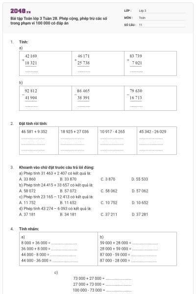 Bài tập Toán lớp 3 Tuần 28. Phép cộng, phép trừ các số trong phạm vi 100 000 có đáp án