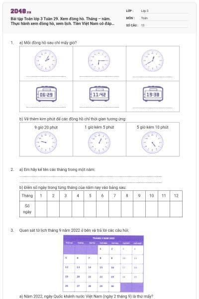 Bài tập Toán lớp 3 Tuần 29. Xem đồng hồ. Tháng – năm. Thực hành xem đồng hồ, xem lịch. Tiền Việt Nam có đáp án