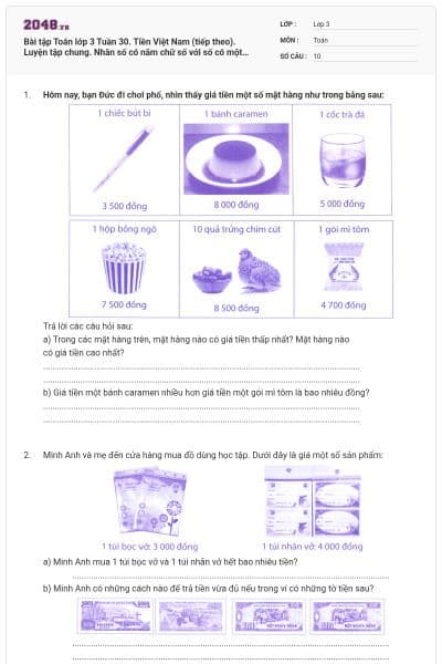 Bài tập Toán lớp 3 Tuần 30. Tiền Việt Nam (tiếp theo). Luyện tập chung. Nhân số có năm chữ số với số có một chữ số có đáp án