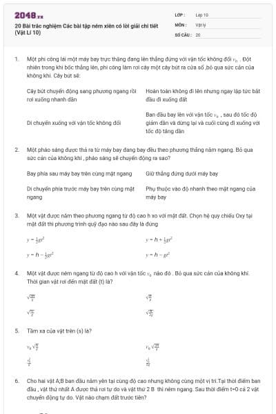 20 Bài trắc nghiệm Các bài tập ném xiên có lời giải chi tiết (Vật Lí 10)