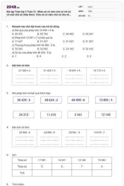 Bài tập Toán lớp 3 Tuần 31. Nhân số có năm chữ số với số có một chữ số (tiếp theo). Chia số có năm chữ số cho số có một chữ số có đáp án