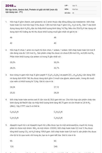 Bài tập Amin, Amino Axit, Protein có giải chi tiết (mức độ vận dụng cao - P1)