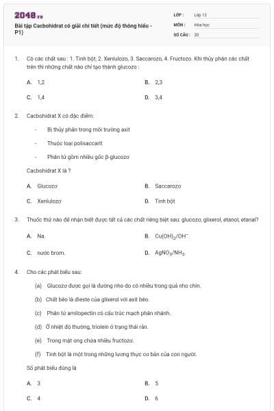 Bài tập Cacbohidrat có giải chi tiết (mức độ thông hiểu - P1)