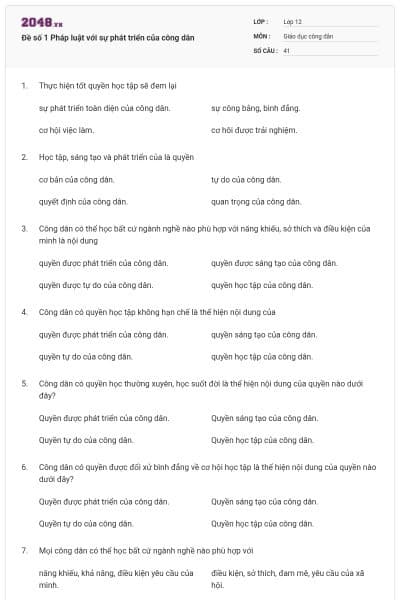 Đề số 1 Pháp luật với sự phát triển của công dân
