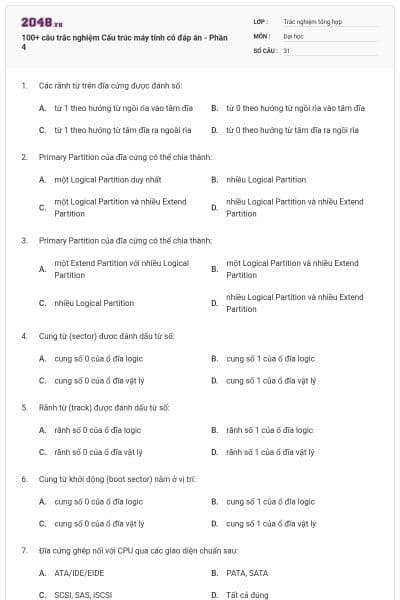 100+ câu trắc nghiệm Cấu trúc máy tính có đáp án - Phần 4
