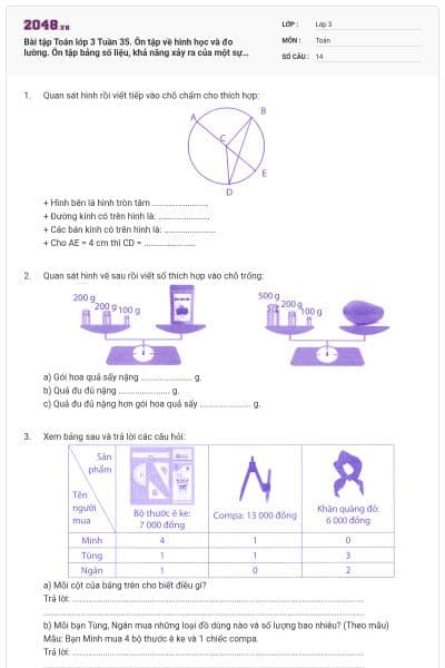 Bài tập Toán lớp 3 Tuần 35. Ôn tập về hình học và đo lường. Ôn tập bảng số liệu, khả năng xảy ra của một sự kiện. Ôn tập chung có đáp án