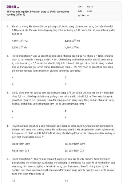 193 câu trắc nghiệm Sóng ánh sáng từ đề thi các trường cực hay (phần 2)