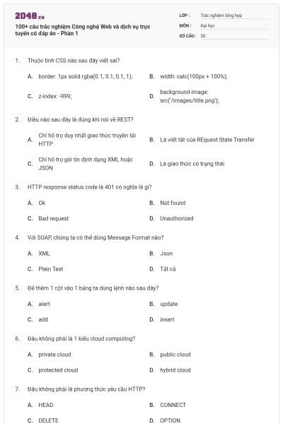 100+ câu trắc nghiệm Công nghệ Web và dịch vụ trực tuyến có đáp án - Phần 1