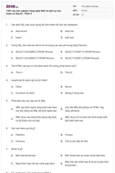 100+ câu trắc nghiệm Công nghệ Web và dịch vụ trực tuyến có đáp án - Phần 5