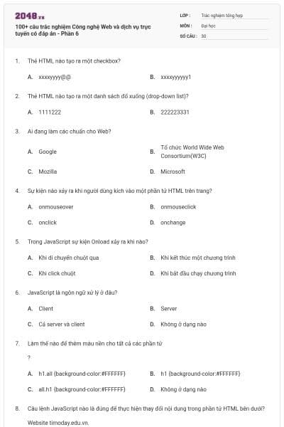 100+ câu trắc nghiệm Công nghệ Web và dịch vụ trực tuyến có đáp án - Phần 6
