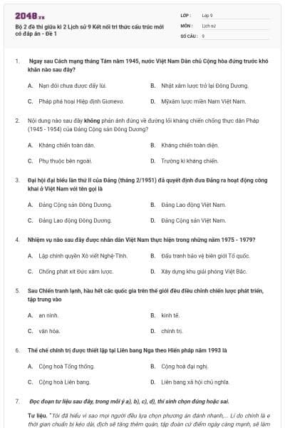 Bộ 2 đề thi giữa kì 2 Lịch sử 9 Kết nối tri thức cấu trúc mới có đáp án - Đề 1