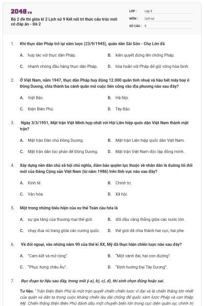 Bộ 2 đề thi giữa kì 2 Lịch sử 9 Kết nối tri thức cấu trúc mới có đáp án - Đề 2