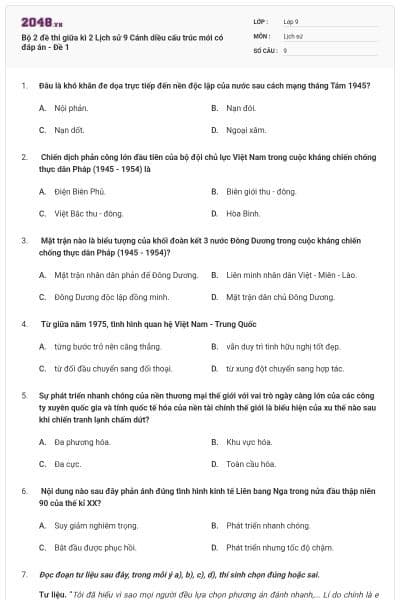 Bộ 2 đề thi giữa kì 2 Lịch sử 9 Cánh diều cấu trúc mới có đáp án - Đề 1