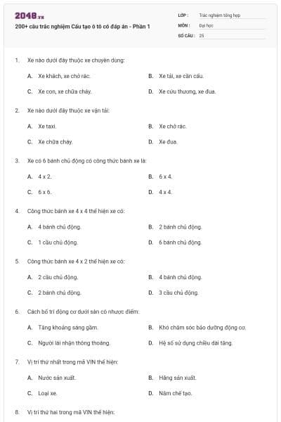 200+ câu trắc nghiệm Cấu tạo ô tô có đáp án - Phần 1