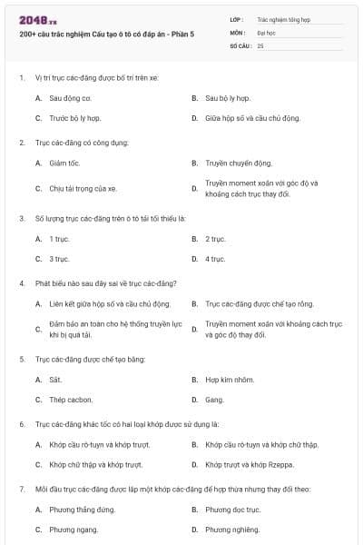 200+ câu trắc nghiệm Cấu tạo ô tô có đáp án - Phần 5