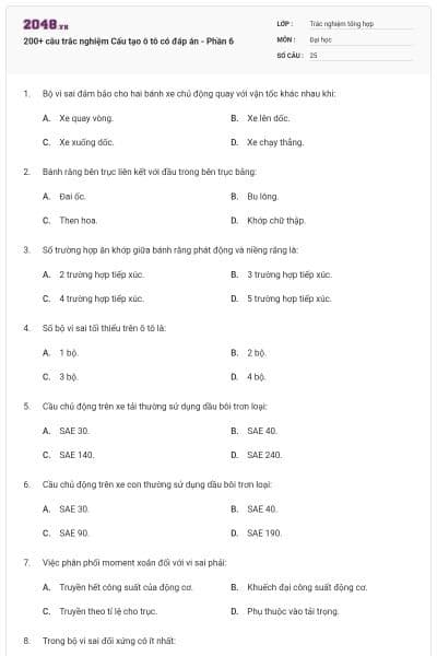 200+ câu trắc nghiệm Cấu tạo ô tô có đáp án - Phần 6