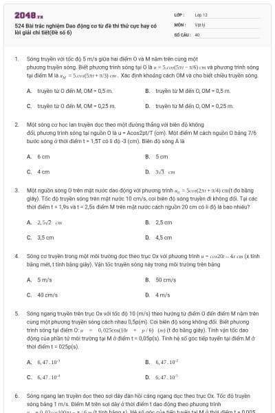524 Bài trắc nghiệm Dao động cơ từ đề thi thử cực hay có lời giải chi tiết(Đề số 6)