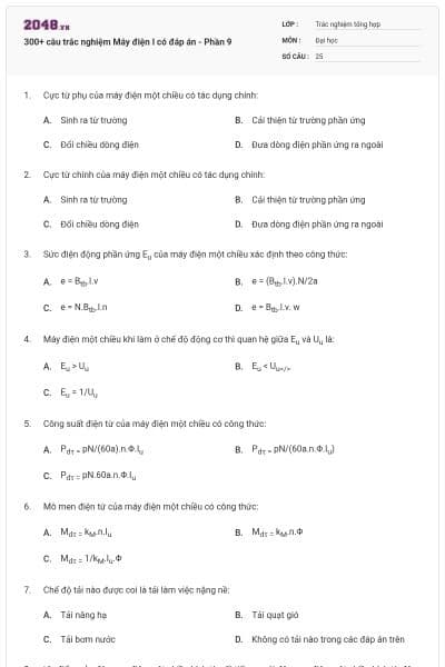 300+ câu trắc nghiệm Máy điện I có đáp án - Phần 9