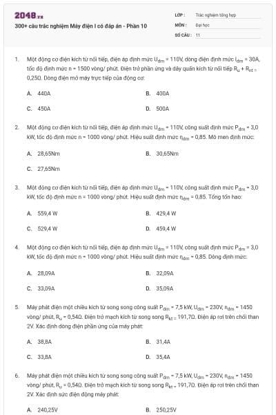 300+ câu trắc nghiệm Máy điện I có đáp án - Phần 10