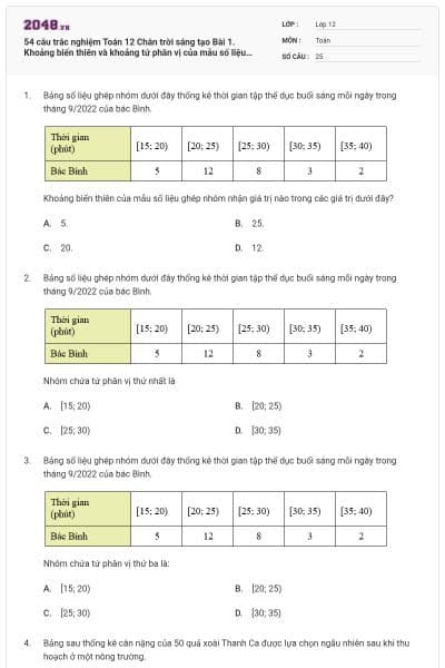 54 câu trắc nghiệm Toán 12 Chân trời sáng tạo Bài 1. Khoảng biến thiên và khoảng tứ phân vị của mẫu số liệu ghép nhóm có đáp án - Đề 2