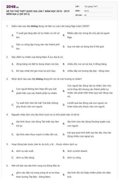 ĐỀ THI THỬ THPT QUỐC GIA LẦN 1 NĂM HỌC 2018 - 2019 MÔN ĐỊA LÍ (ĐẾ SỐ 2)