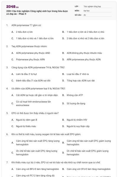 200+ Câu trắc nghiệm Công nghệ sinh học trong hóa dược có đáp án - Phần 9