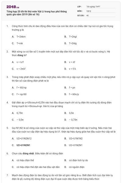 Tổng hợp 20 đề thi thử môn Vật Lí trung học phổ thông quốc gia năm 2019 (Đề số 16)