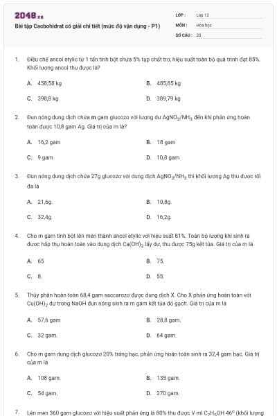 Bài tập Cacbohidrat có giải chi tiết (mức độ vận dụng - P1)