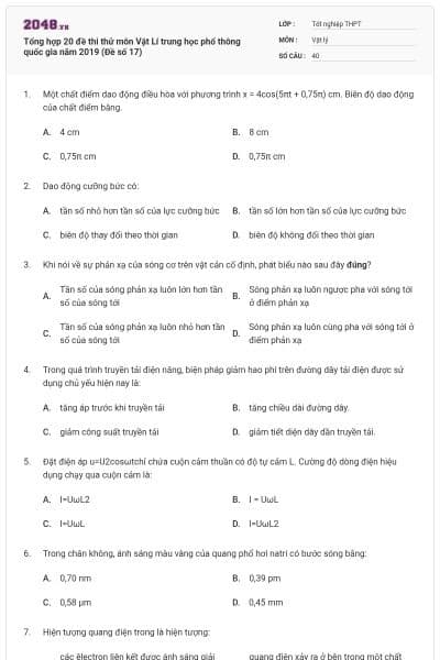 Tổng hợp 20 đề thi thử môn Vật Lí trung học phổ thông quốc gia năm 2019 (Đề số 17)