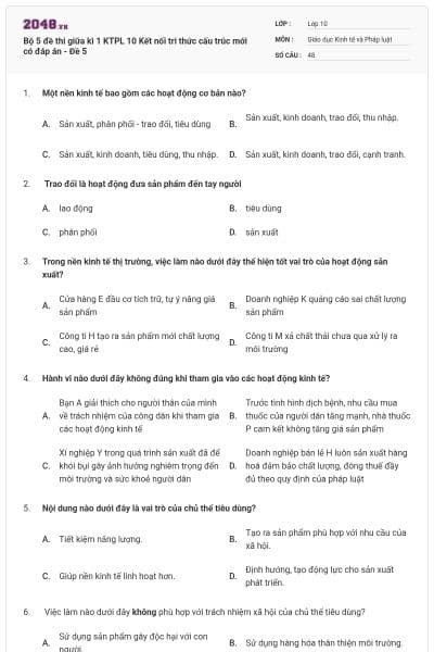 Bộ 5 đề thi giữa kì 1 KTPL 10 Kết nối tri thức cấu trúc mới có đáp án - Đề 5