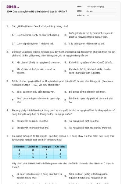 300+ Câu trắc nghiệm Hệ điều hành có đáp án - Phần 7