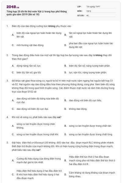 Tổng hợp 20 đề thi thử môn Vật Lí trung học phổ thông quốc gia năm 2019 (Đề số 18)