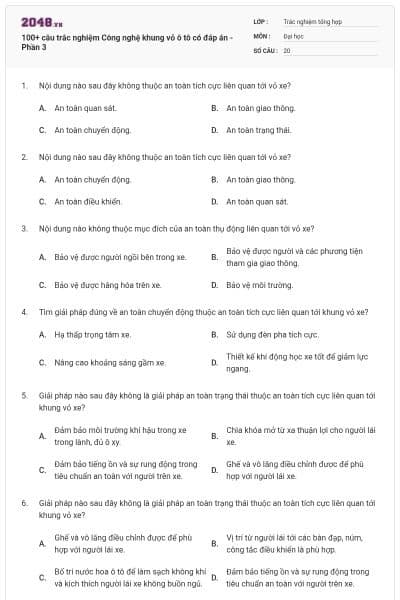 100+ câu trắc nghiệm Công nghệ khung vỏ ô tô có đáp án - Phần 3