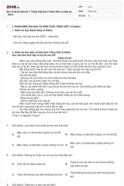 Bộ 10 đề thi giữa kì 1 Tiếng Việt lớp 3 Cánh diều có đáp án - Đề 8