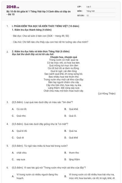 Bộ 10 đề thi giữa kì 1 Tiếng Việt lớp 3 Cánh diều có đáp án - Đề 10