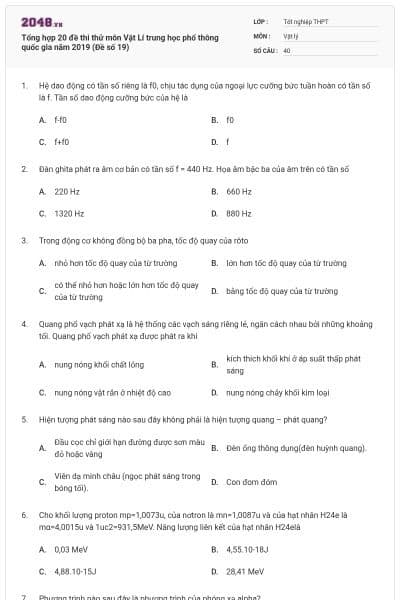 Tổng hợp 20 đề thi thử môn Vật Lí trung học phổ thông quốc gia năm 2019 (Đề số 19)