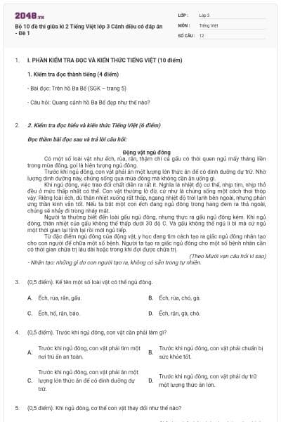 Bộ 10 đề thi giữa kì 2 Tiếng Việt lớp 3 Cánh diều có đáp án - Đề 1