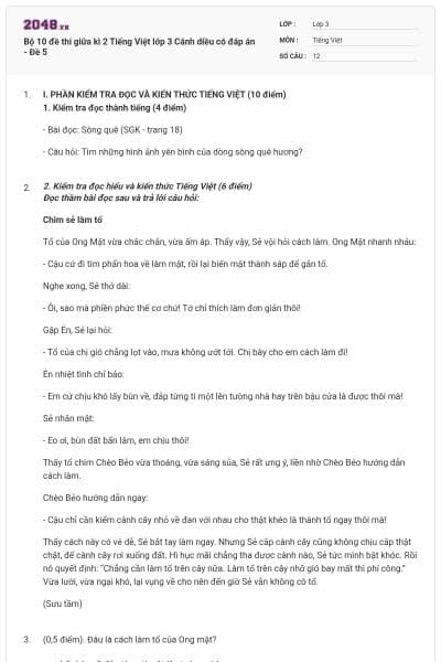 Bộ 10 đề thi giữa kì 2 Tiếng Việt lớp 3 Cánh diều có đáp án - Đề 5