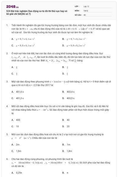524 Bài trắc nghiệm Dao động cơ từ đề thi thử cực hay có lời giải chi tiết(Đề số 7)