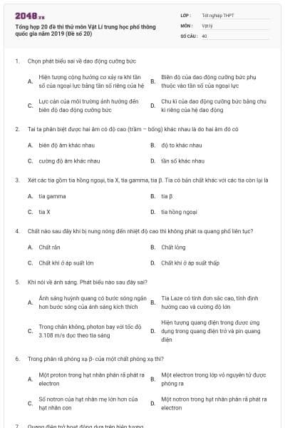 Tổng hợp 20 đề thi thử môn Vật Lí trung học phổ thông quốc gia năm 2019 (Đề số 20)