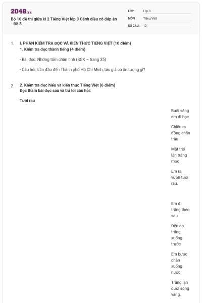 Bộ 10 đề thi giữa kì 2 Tiếng Việt lớp 3 Cánh diều có đáp án - Đề 8