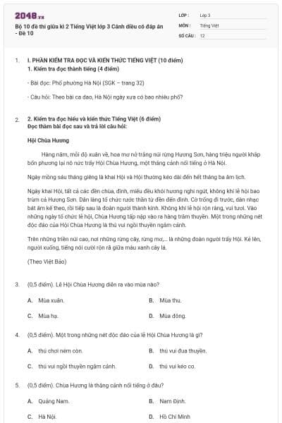 Bộ 10 đề thi giữa kì 2 Tiếng Việt lớp 3 Cánh diều có đáp án - Đề 10