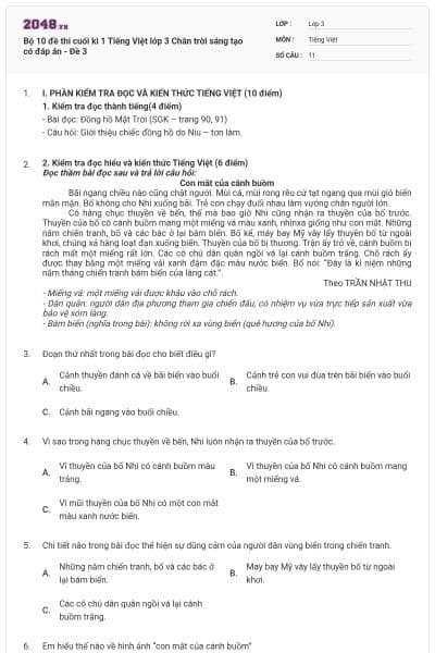 Bộ 10 đề thi cuối kì 1 Tiếng Việt lớp 3 Chân trời sáng tạo có đáp án - Đề 3