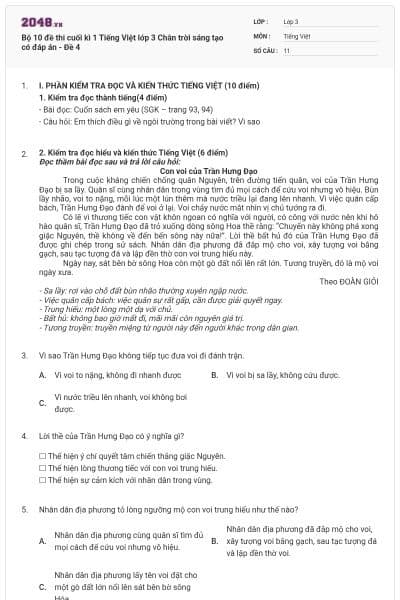 Bộ 10 đề thi cuối kì 1 Tiếng Việt lớp 3 Chân trời sáng tạo có đáp án - Đề 4