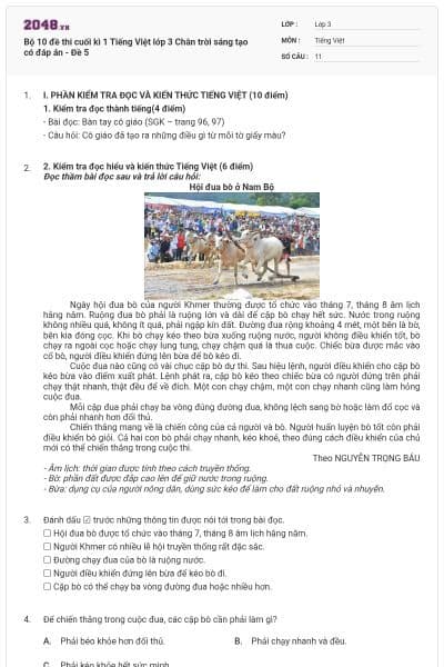 Bộ 10 đề thi cuối kì 1 Tiếng Việt lớp 3 Chân trời sáng tạo có đáp án - Đề 5