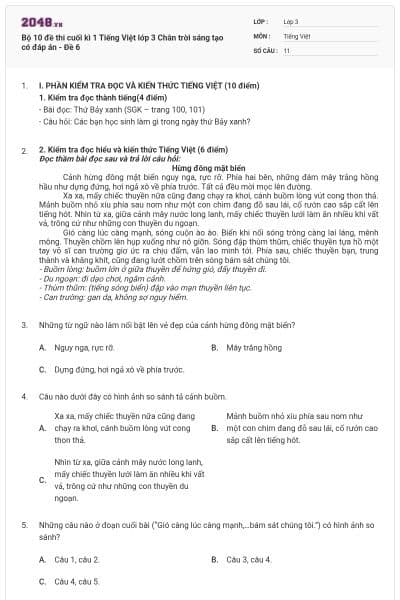 Bộ 10 đề thi cuối kì 1 Tiếng Việt lớp 3 Chân trời sáng tạo có đáp án - Đề 6