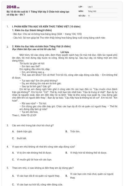 Bộ 10 đề thi cuối kì 1 Tiếng Việt lớp 3 Chân trời sáng tạo có đáp án - Đề 7