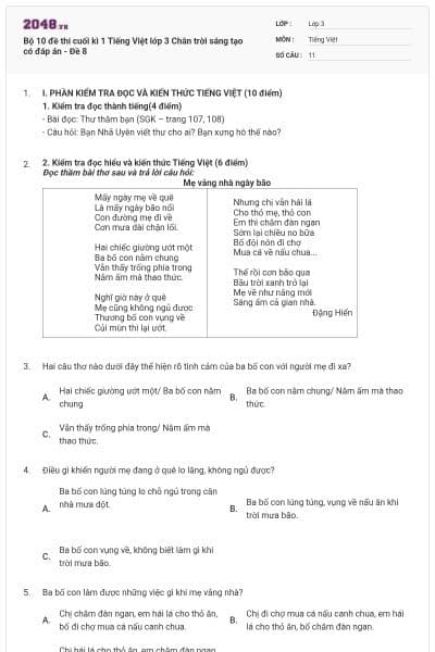 Bộ 10 đề thi cuối kì 1 Tiếng Việt lớp 3 Chân trời sáng tạo có đáp án - Đề 8