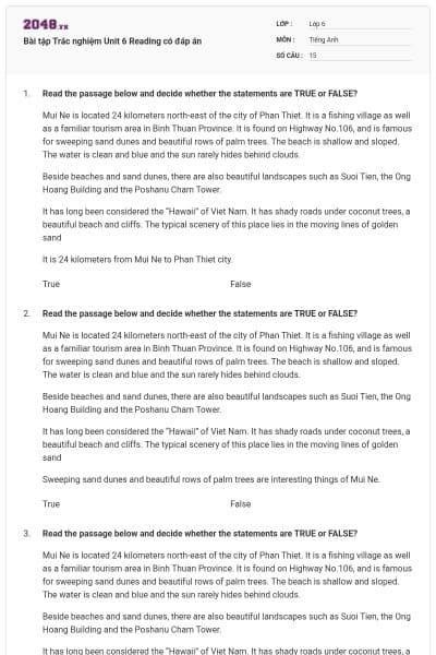 Bài tập Trắc nghiệm Unit 6 Reading có đáp án