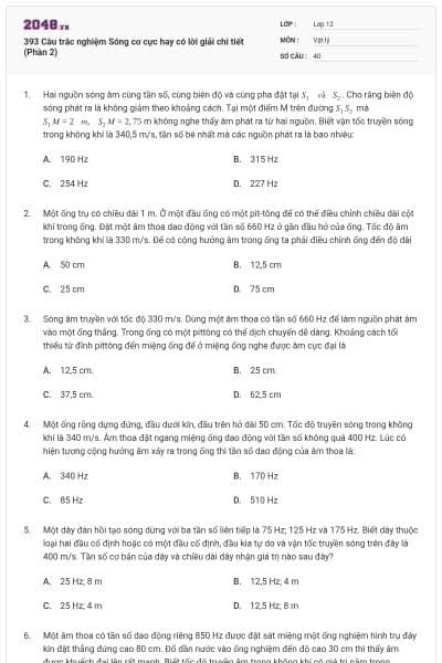393 Câu trắc nghiệm Sóng cơ cực hay có lời giải chi tiết (Phần 2)